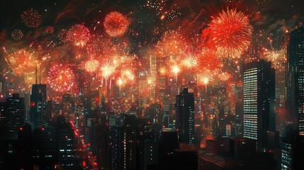 Fototapeta premium Bright red and golden fireworks lighting up the 2025 New Year Eve night sky over a vibrant cityscape, full of celebration and joy