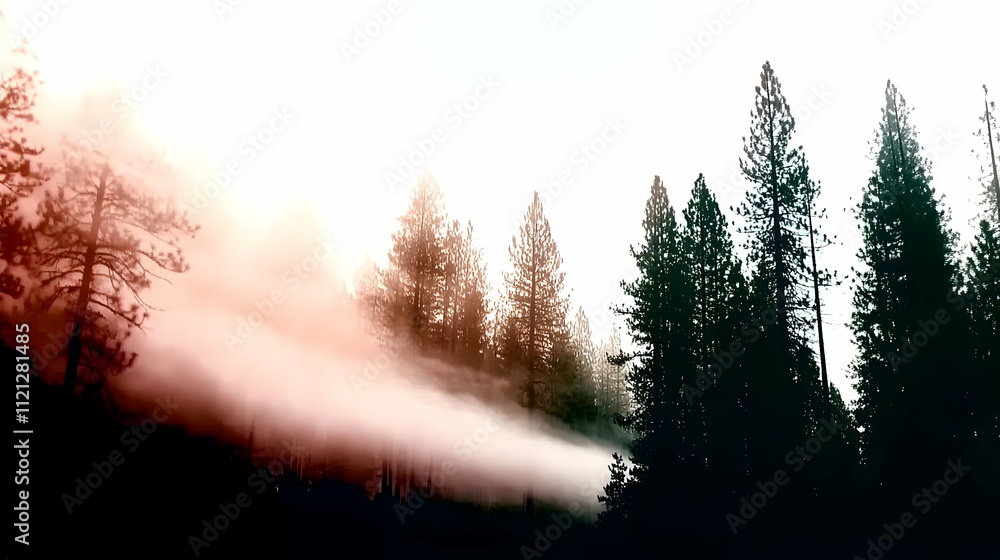 Aufkleber a misty forest scene with tall trees and ethereal light filtering through the fog.