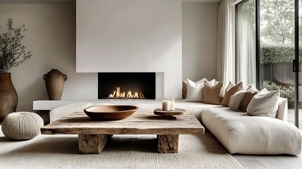 Fototapeta premium A minimalist and cozy living room featuring a rustic reclaimed wood coffee table, a sleek white fireplace, a contemporary corner sofa in soft neutral shades with textured pillows,