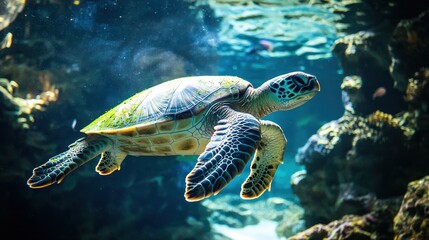 Swimming green sea turtle in coral reef ocean habitat underwater photography marine life