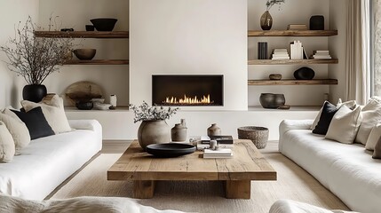 A minimalist living room design with a barn wood coffee table, a white fireplace with linear flames, clean-lined sofas in muted tones, soft lighting creating a calm ambiance,