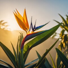 A vibrant bird of paradise flower against a sunny yellow gradient.