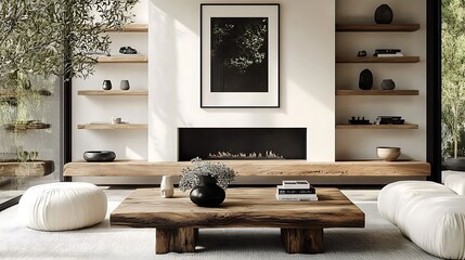 A minimalist living room featuring a rustic reclaimed wood coffee table, wooden shelves styled with potted plants and books, a sleek white fireplace as the centerpiece,