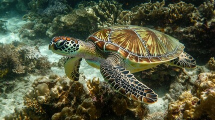 Swimming turtle in vibrant coral reef underwater photography marine environment close-up view