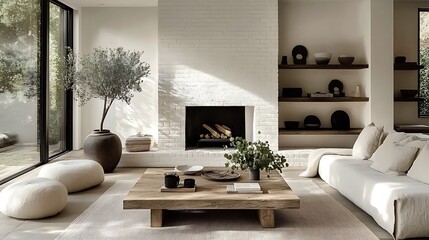 A minimalist living room showcasing a rustic coffee table, a white brick fireplace adorned with subtle decor, vibrant green plants on simple wooden shelves, a corner sofa in soft gray,