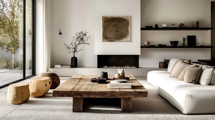A minimalist living room with a rustic barn wood coffee table as the centerpiece, a cozy neutral-toned corner sofa against the wall, a sleek white fireplace,