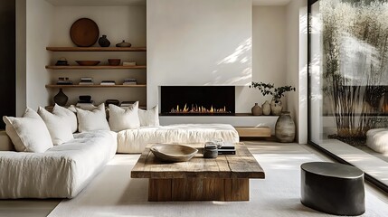 A minimalist modern living room, a barn wood coffee table anchoring the design, a plush corner sofa in soft neutral shades, a sleek wall-mounted fireplace, floating shelves with greenery and books,