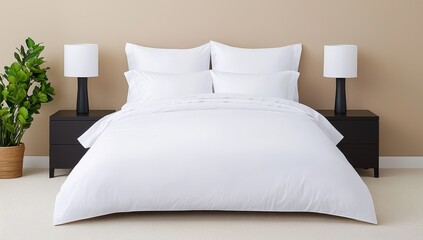 The ambiance of this cozy bedroom is created by warm bedside lamps and soft lighting.