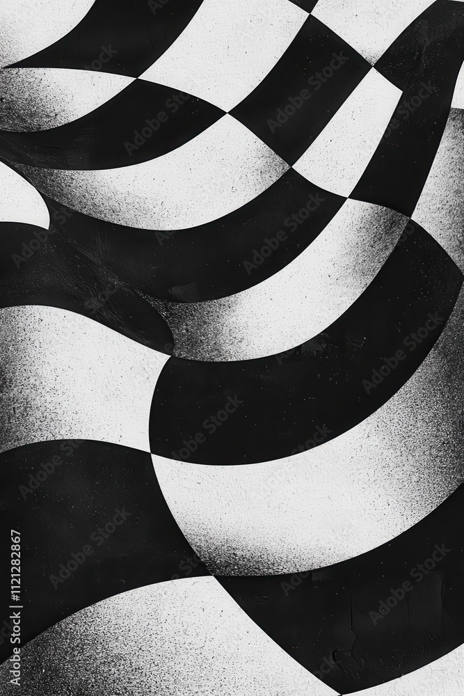 Poster abstract black and white checkered pattern with wavy lines