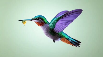 A colorful hummingbird in flight, holding a drop of nectar.