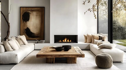 A modern living room showcasing a rustic barn wood coffee table as the centerpiece, a sleek white fireplace with a minimalist design,