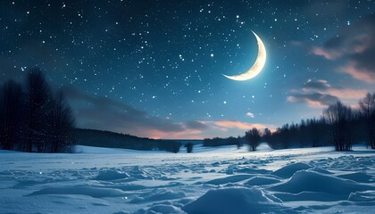 Magical winter night sky with crescent moon and falling snowflakes snowy landscape serene nature scene tranquil evening celestial beauty