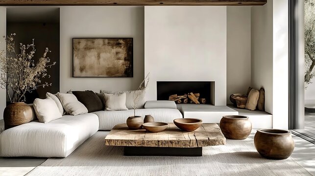 A modern minimalist living room with a muted gray corner sofa, a rustic barn wood coffee table, a simple white fireplace with clean lines, warm decor elements like neutral pottery and wooden accents,