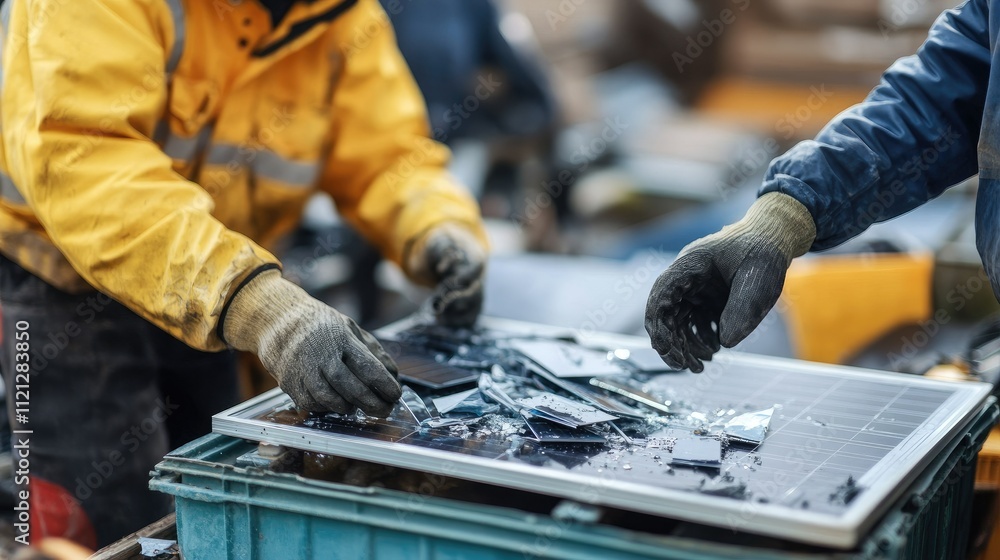 Poster close-up of workers handling broken solar panels, with tools and containers for recycling visible in