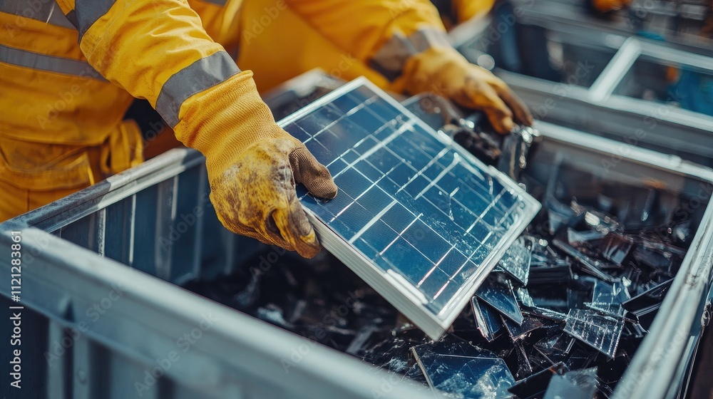Poster close-up of workers handling broken solar panels, with tools and containers for recycling visible in