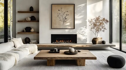 A modern rustic living room with a barn wood coffee table near a minimalist fireplace, framed botanical artwork displayed above, simple wooden shelves holding small decorative items,