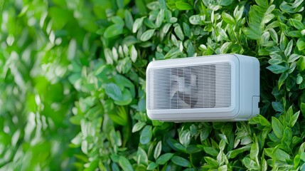 This air conditioning unit is surrounded by lush greenery, symbolizing fresh air and sustainable energy.