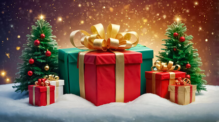 Magical Christmas Gift Box Scene with Vibrant Red and Green Presents, Golden Ribbons, Snowy Landscape, and Decorated Christmas Trees in a Sparkling Holiday Atmosphere