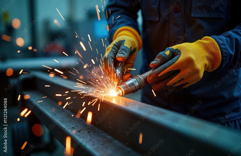 Poster Worker in uniform with protective gloves performs metal welding on large metal object. Sparks fly around welding area in factory setting. Focused on precision work in manufacturing environment.