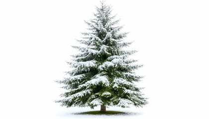 A snow-covered evergreen tree stands alone against a white background.