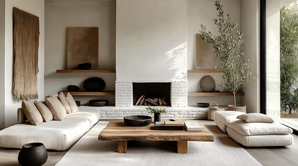 A neutral minimalist living room featuring a rustic barn wood coffee table as the centerpiece, a white brick fireplace as the focal point, lush green plants on floating wooden shelves,