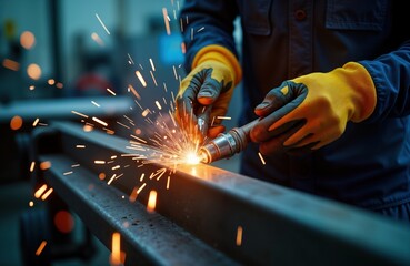 Worker in uniform with protective gloves performs metal welding on large metal object. Sparks fly around welding area in factory setting. Focused on precision work in manufacturing environment.