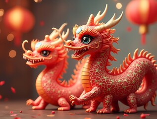 Fototapeta premium Vibrant Chinese New Year, Dragons, Fireworks, Traditional Costumes