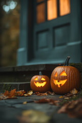 Obraz premium Eerie Glow of Carved Pumpkins on Autumn Steps with Warm Orange and Deep Blue Hues