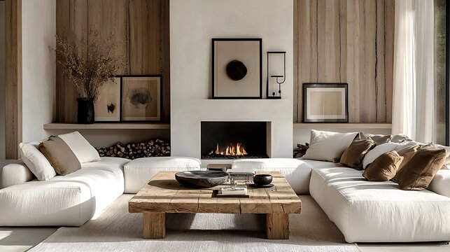 A rustic-modern hybrid living room, showcasing a barn wood coffee table placed centrally, a sleek sectional corner sofa in neutral hues, a white fireplace surrounded by a simple wood-paneled wall,