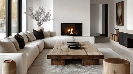 A Scandinavian minimalist living room, featuring a rustic reclaimed wood coffee table, a soft rug in light gray tones, a sleek beige corner sofa, a white fireplace with subtle decor,
