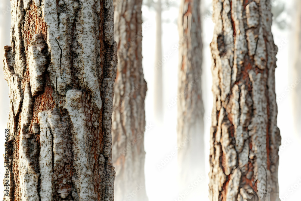 Poster a serene forest scene with tall trees emerging from a misty background.