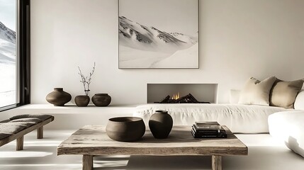 A Scandinavian-inspired bright living room with a rustic coffee table, a muted ivory corner sofa, a white minimalist fireplace,