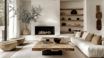A Scandinavian-inspired living room with a rustic barn wood coffee table, a sleek white brick fireplace framed by wooden shelves holding greenery, a modern corner sofa in muted tones,