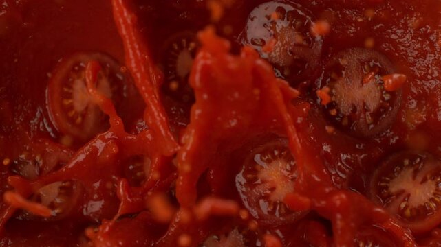Super Slow Motion Shot of Tomato Cuts Falling and Splashing into Sauce at 1000fps.