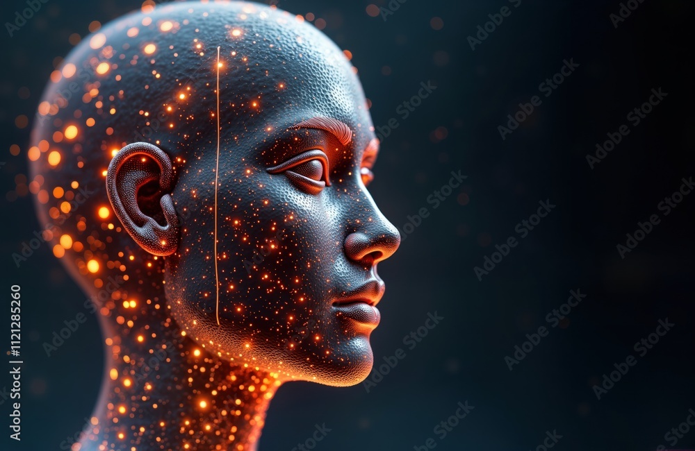 Fototapete AI head profile shows tech power. Advanced digital brain with glowing synapses. Futuristic concept. Powerful brain potential. Humanlike intelligence. Innovation, advancement in science. Digital tech