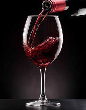 Close-up de una botella de vino tinto llenando una copa elegante de cristal, concepto de lujo, bodega y consumo responsable de bebidas alcoh&oacute;licas, iluminada en estudio con fondo negro