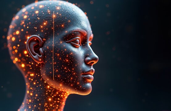 AI head profile shows tech power. Advanced digital brain with glowing synapses. Futuristic concept. Powerful brain potential. Humanlike intelligence. Innovation, advancement in science. Digital tech
