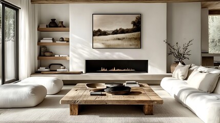 A serene and sophisticated living room design featuring a rustic coffee table, floating wooden shelves with a mix of plants and books, a sleek fireplace integrated into a minimalist wall,