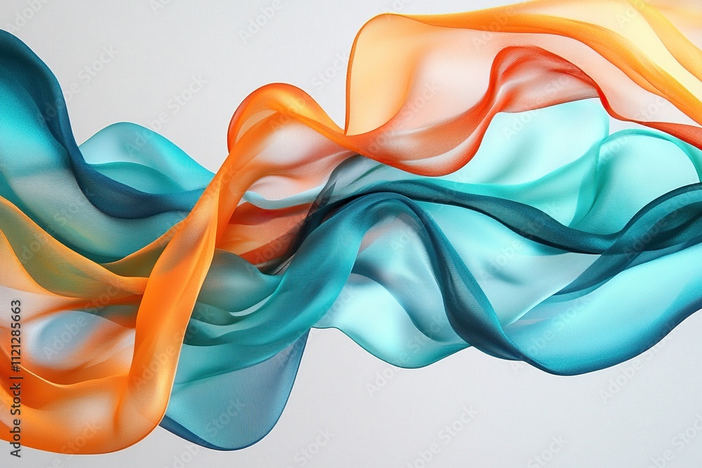 Poster abstract teal and orange fabric waves flow dynamically in a serene and artistic manner, creating a v