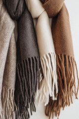 Warm mocha mousse scarves hanging on white background. Copy space, wallpaper