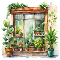 Vibrant Window Garden with Lush Green Plants and Cacti in Watercolor Style