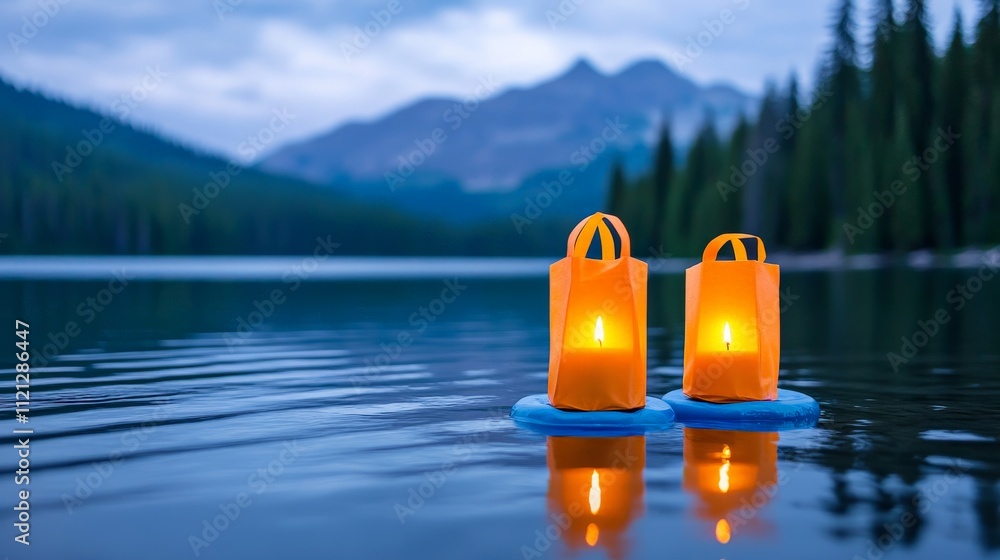 Poster tranquil lake reflections: two luminous lanterns float serenely on the placid surface of a pristine 