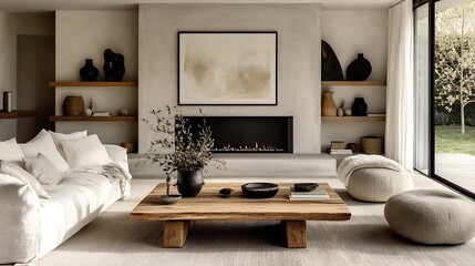 A stylish living room with a barn wood coffee table, a sleek linear fireplace set into a modern concrete wall, framed modern art above, clean wooden shelves holding small plants and books,
