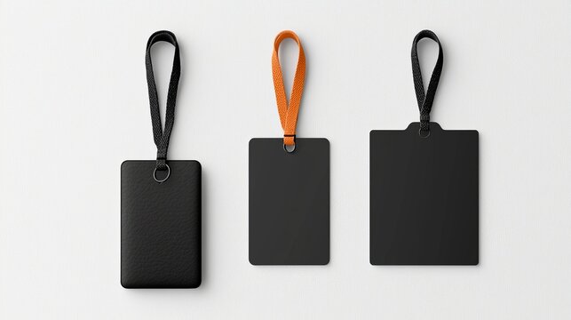 Mockups of badges on lanyards or hooks, id cards in transparent plastic cases hanging from ribbons, and templates of identity tags on belts or lace. Swivel snap clips, isolated 3D mockups.