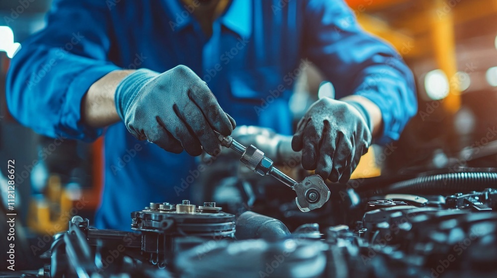 Aufkleber A skilled team of engineers demonstrates precision and focus as they repair and optimize complex machinery in a busy workshop filled with tools and technology