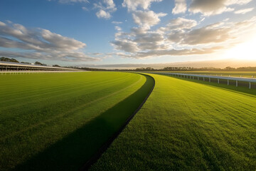 Obraz premium Horse racetrack with a well-maintained dirt track, surrounded by green grass, grandstands, and a vibrant atmosphere, capturing the excitement and tradition of horse racing events