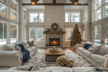 Cozy living room with fireplace and Christmas tree. Home is filled with white furniture and warm and inviting atmosphere