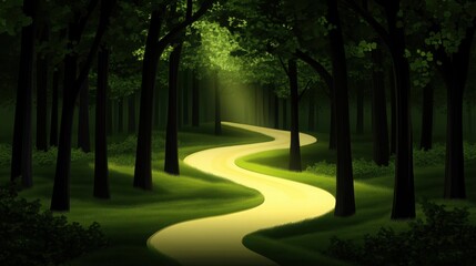 Obraz premium a vector art of a forest trail, with winding paths, trees, and dappled sunlight filtering through leaves
