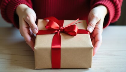 Close-up of a Hand Tying a Red Satin Ribbon Around a Perfectly Wrapped Gift Box for a Beautiful Holiday Present