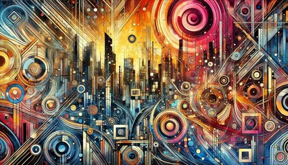 A futuristic metropolis reimagined, where buildings morph into abstract forms and the sky is ablaze with swirling colors and geometric patterns.